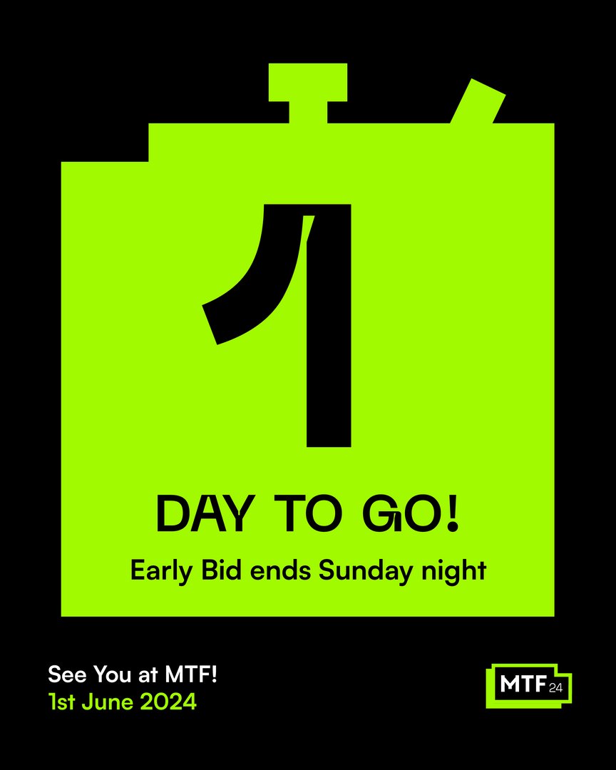 The final countdown! Only 24 hours left before the early bird discount ends!

Grab your tickets before time runs out! Tag a friend or colleague to join you 👇

.
#MTF24 #technology #innovation #networking #community #muslimstartups #muslimfounders #earlybirdoffer #techfounders