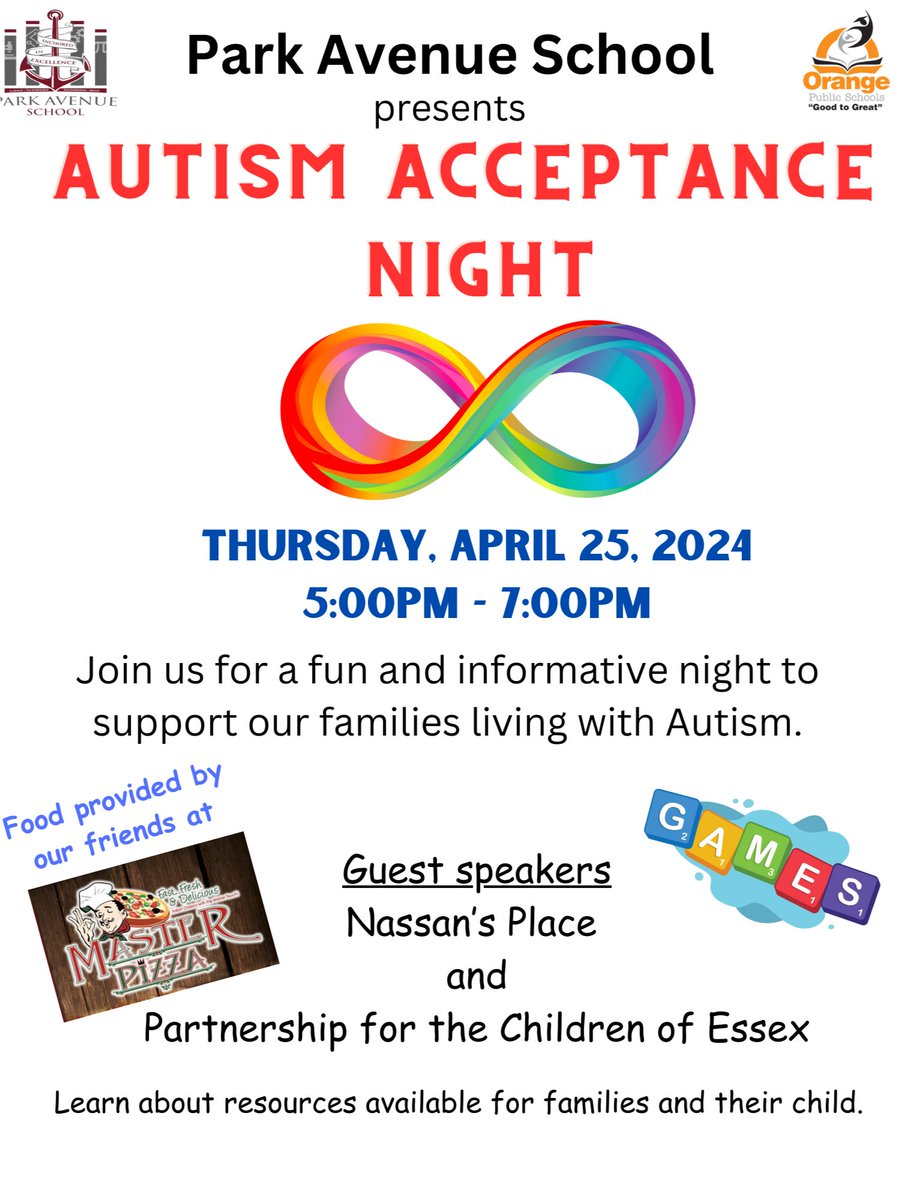Join us for Autism Acceptance Night at Park Avenue School this Thursday! It will be a fun and informative night to support families. #GoodtoGreat #MovingintoGreatness #OrangeStrong💪🏽
