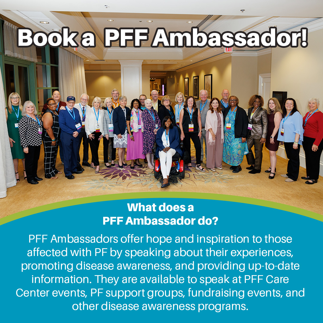 PFF Ambassadors are available to speak at your next event! Find out more at pulmonaryfibrosis.org/researchers-he…