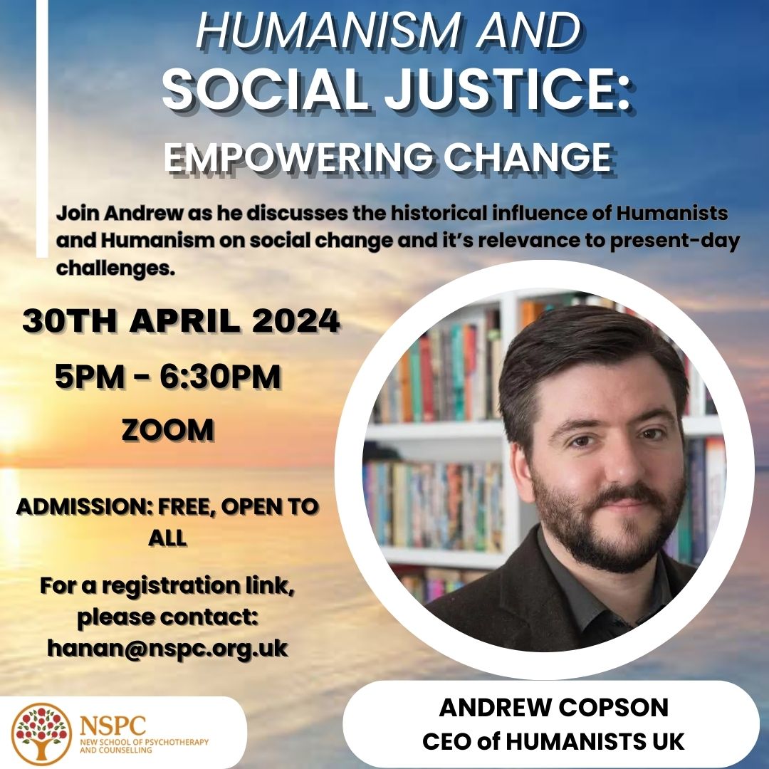 Only a few places left! 

"Humanism and Social Justice: Empowering Change" Online 30th April 5-6.30pm. Free event and open to everyone. Click here to register thetherapy-space.zoom.us/meeting/regist…

#HumanistsUK #SocialJustice #Humanism #EmpowerChange