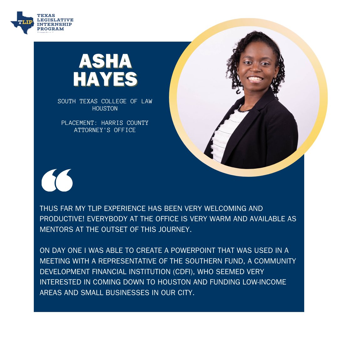 Meet Asha Hayes, a Spring 2024 TLIP Intern. Asha serves within the Harris County Attorney's Office and represents South Texas College of Law - Houston.