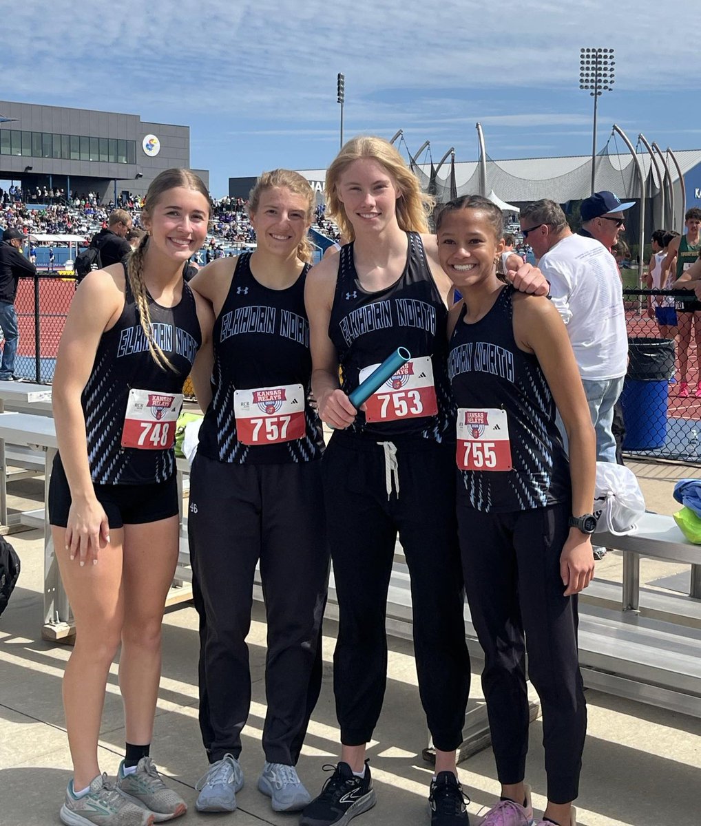 m_robinson3's tweet photo. The "Quartet" was back at it again, placing 3rd in the 4x800, running a 9:28.35... this was 0.38 seconds from the state record (9:27.97). If they all ran their PR's, they could drop 16 seconds... SCARY!  Fastest time in Nebraska this year! 🐺 #kansasrelays #elkhornnorth https://t.co/oAky8Y1wZi