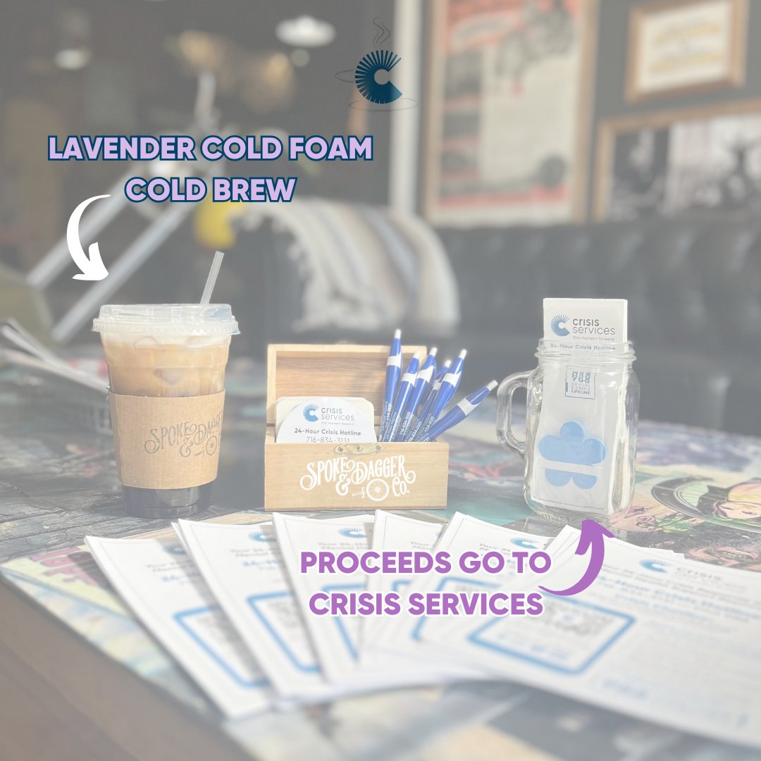@spokeanddaggerco is offering their lavender cold foam cold brew throughout the month of April and proceeds are going to support the life-changing mission at Crisis Services. #LavenderSeason #ColdBrew #BuffaloNY #Buffalove #BuffaloCoffee #MentalHealthSupport #ErieCounty
