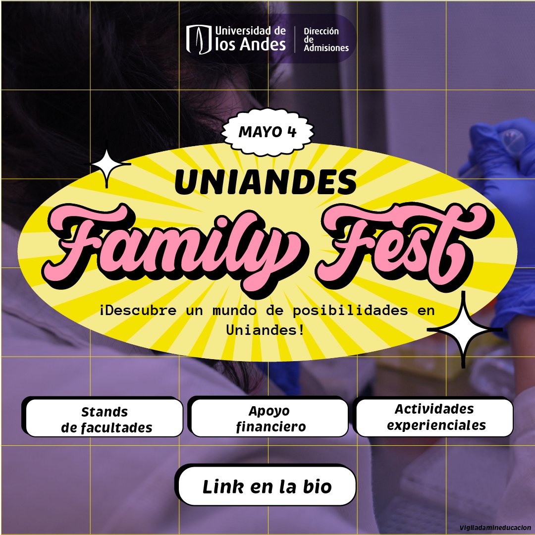 El Uniandes Family Fest tiene como objetivo principal ofrecerle la oportunidad a los aspirantes y sus familias de conocer los aspectos más relevantes sobre la experiencia universitaria dentro Uniandes. ¿Te gustaría participar? Inscríbete en: n9.cl/0auol7 @Uniandes