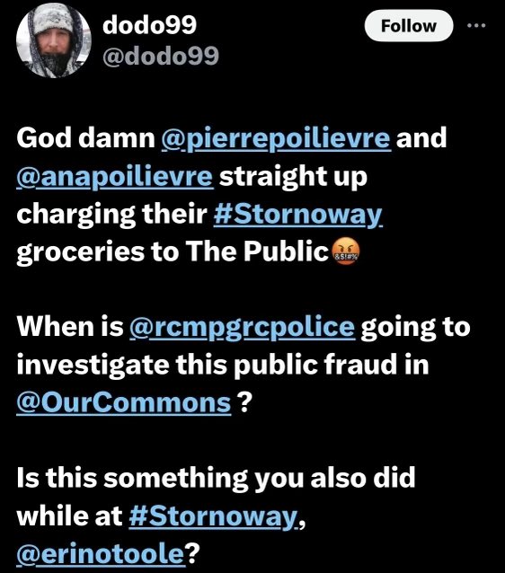 Who’s going to explain to the Dodo that this is how it’s been for ALL Official Party Leaders for almost 75 years, that it’s not a crime & there’s probably way more important things to tag the RCMP about? 😂