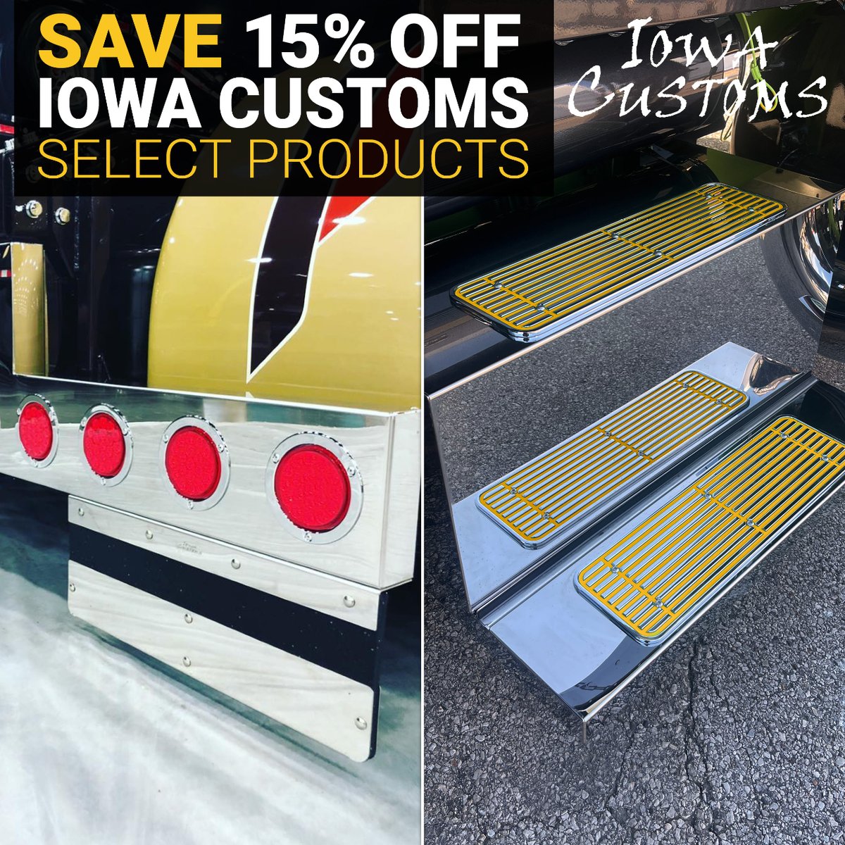 Enjoy some Saturday savings and shop April Steals & Deals! Like 15% OFF on select Iowa Customs products: 
4statetrucks.com/sales_promo_2/
Ends 4/30 11:59 p.m. cst. 

#4StateTrucks #ChromeShopMafia #chrome #chromeshop #customtrucks #trucking #bigrig #truckers #diesel #IowaCustoms