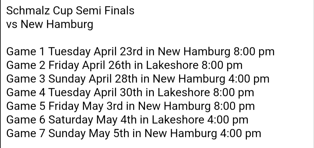 The Canadiens will take on the New Hamburg Firebirds in the Schmalz Cup Semi Finals !