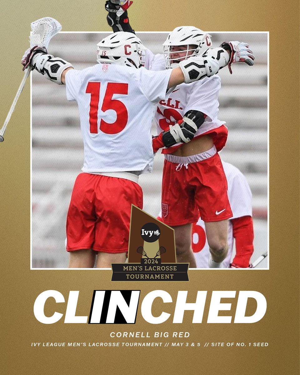 TOURNAMENT BOUND. @CornellLacrosse has punched its ticket to the Ivy League men's lacrosse tournament with its win over Harvard this afternoon. The tournament is set for May 3 & 5 at the site of the No. 1 seed. 🌿🥍