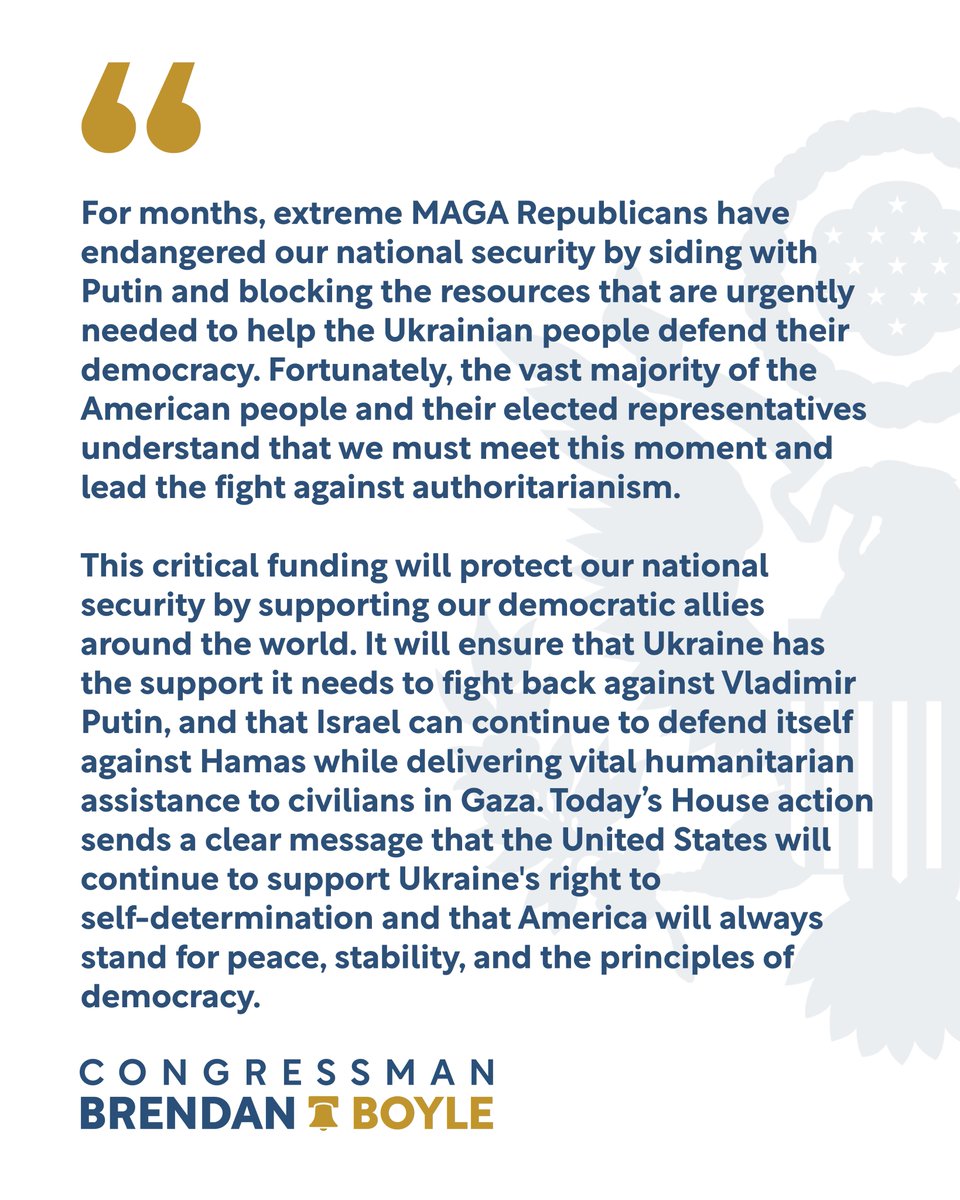 Today’s action sends a clear message that the United States will continue to support Ukraine's right to self-determination and that America will always stand for peace, stability, and the principles of democracy. My statement on the passage of national security legislation. ⤵️