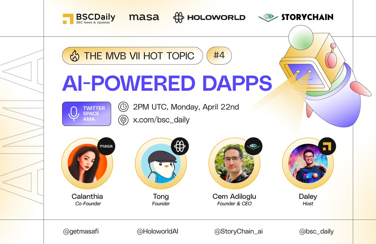 Road to MVB VII! Hot Topic #4 is coming at you on Monday 🥳

🔸Topic: AI-Powered Dapps, ft @getmasafi, @HoloworldAI & @StoryChain_ai

📍 Venue: twitter.com/i/spaces/1yNGa…

🗓 Date: April 22nd, 2PM UTC

1️⃣ Follow the projects
2️⃣ Ask questions!
3️⃣ Like & RT

Check out our last session