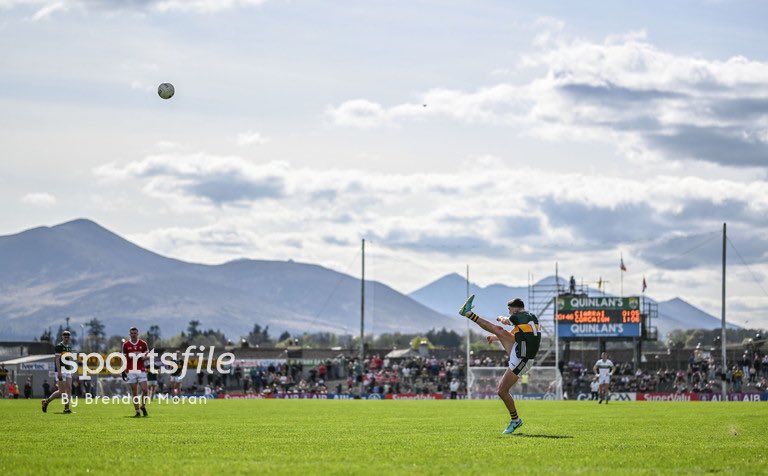 Sean O'Shea of Kerry kicks a point from a free during the Munster GAA Football Senior Championship semi-final match between Kerry and Cork at Fitzgerald Stadium in Killarney 📸 @SportsfileBren sportsfile.com/more-images/77…