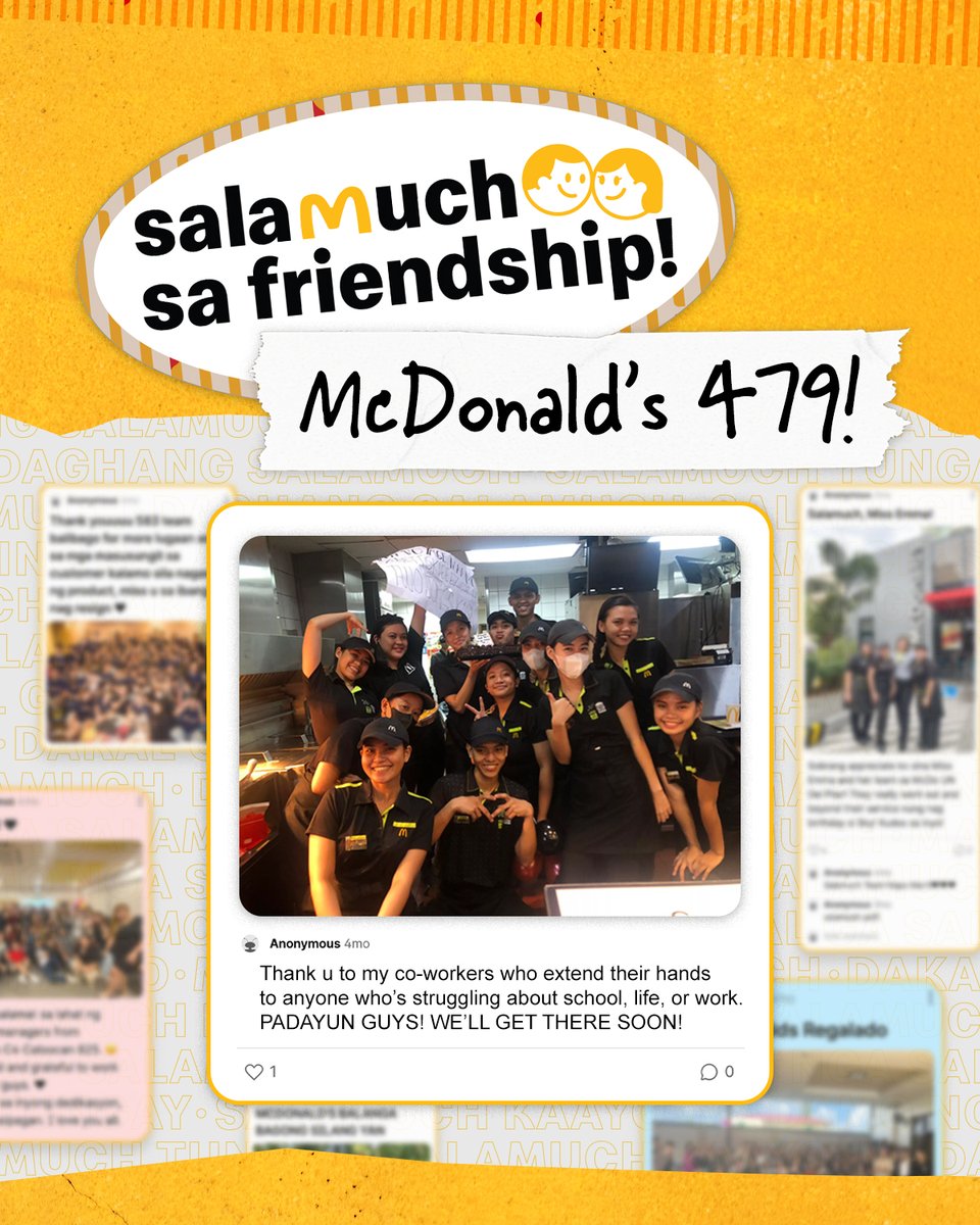 We’re happy you found teammates turned family, McDonald’s 479! Much inspiring ang pagsasamahan niyo. 🥰 Feeling grateful for your fellow crew members? Or customer ka na gusto mag-iwan ng SalamuchCrew message? Share it through our virtual Salamuch Wall: bit.ly/McDoSalamuchCr…