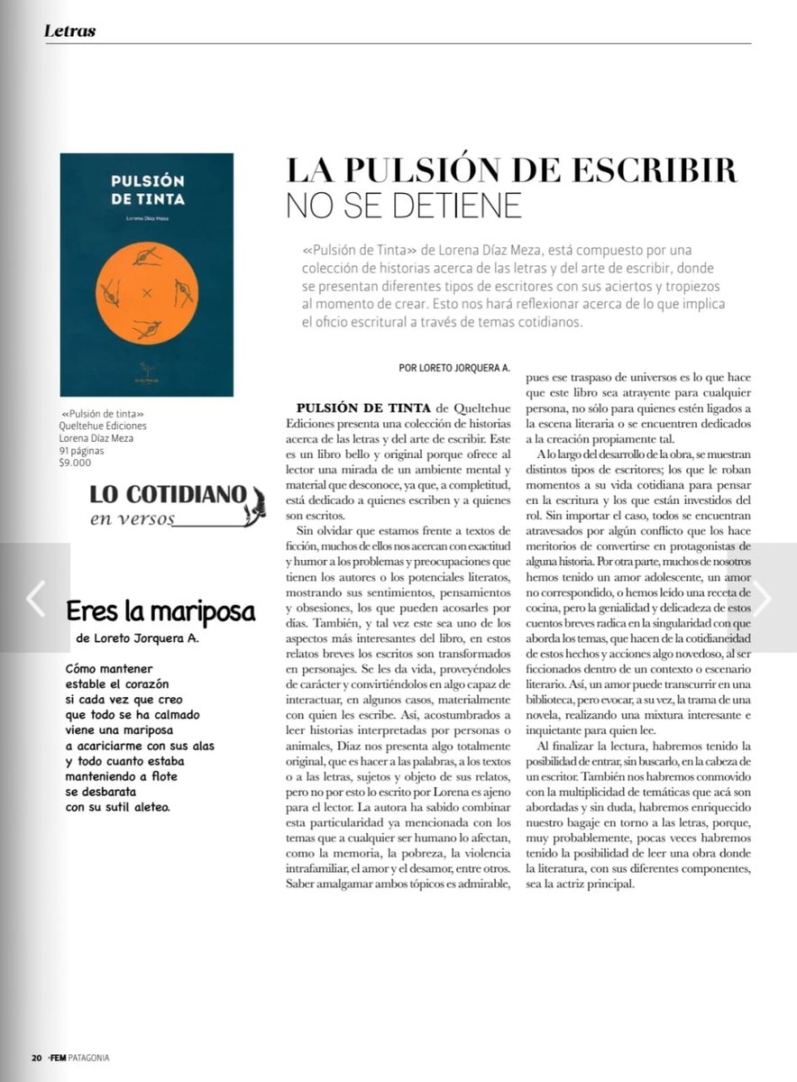 Nueva reseña de Pulsión de tinta en la revista FEM Patagonia. Lee la reseña en el siguiente link: online.fliphtml5.com/vdryc/vwwu/#p=1 🖊️