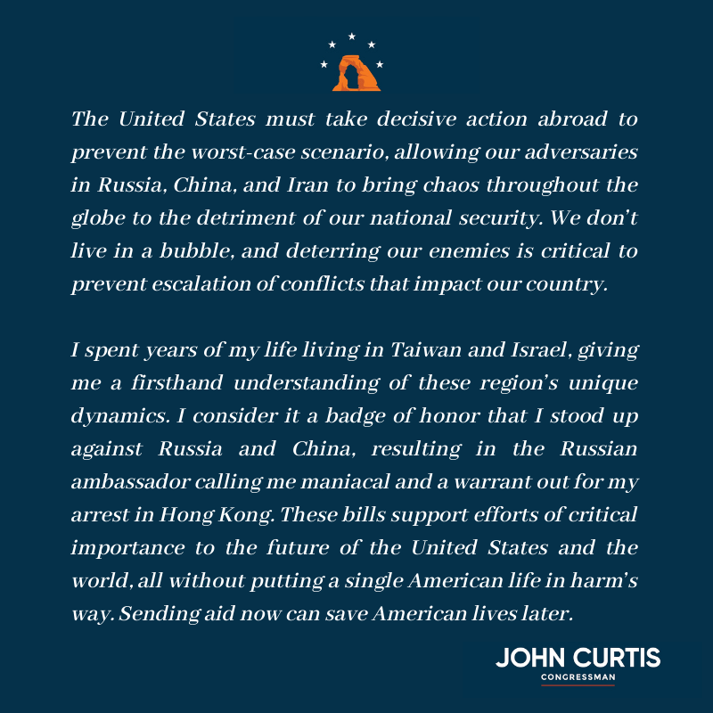 My statement on the passage of supplemental funding to strengthen our allies and deter global adversaries.⬇️⬇️⬇️ Read more: curtis.house.gov/news/documents…