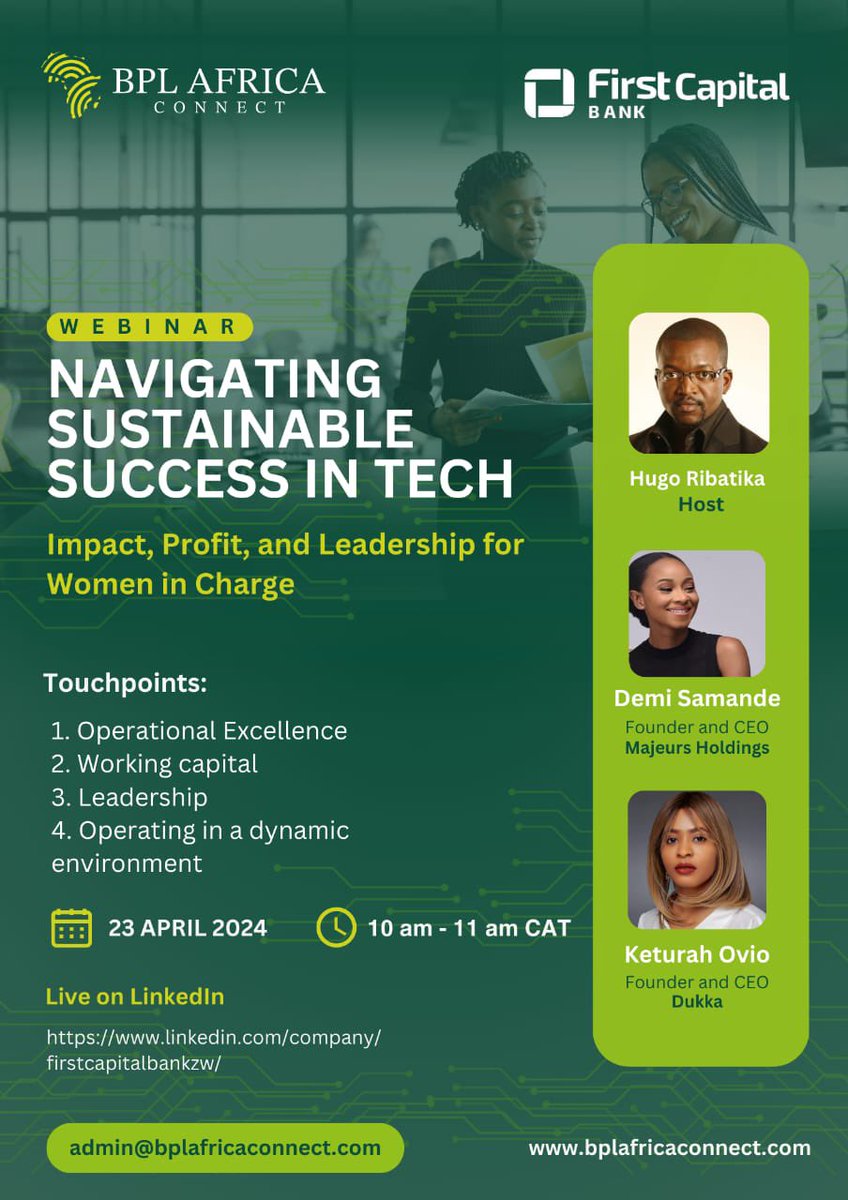 Level up your tech sustainability game! Join our FREE BPL Africa Connect webinar in partnership with First Capital Bank on April 23rd , live on LinkedIn to learn how to navigate sustainable success in the tech industry. ⚙️ Here's what you'll get: #BPLwebinar #SustainableTech