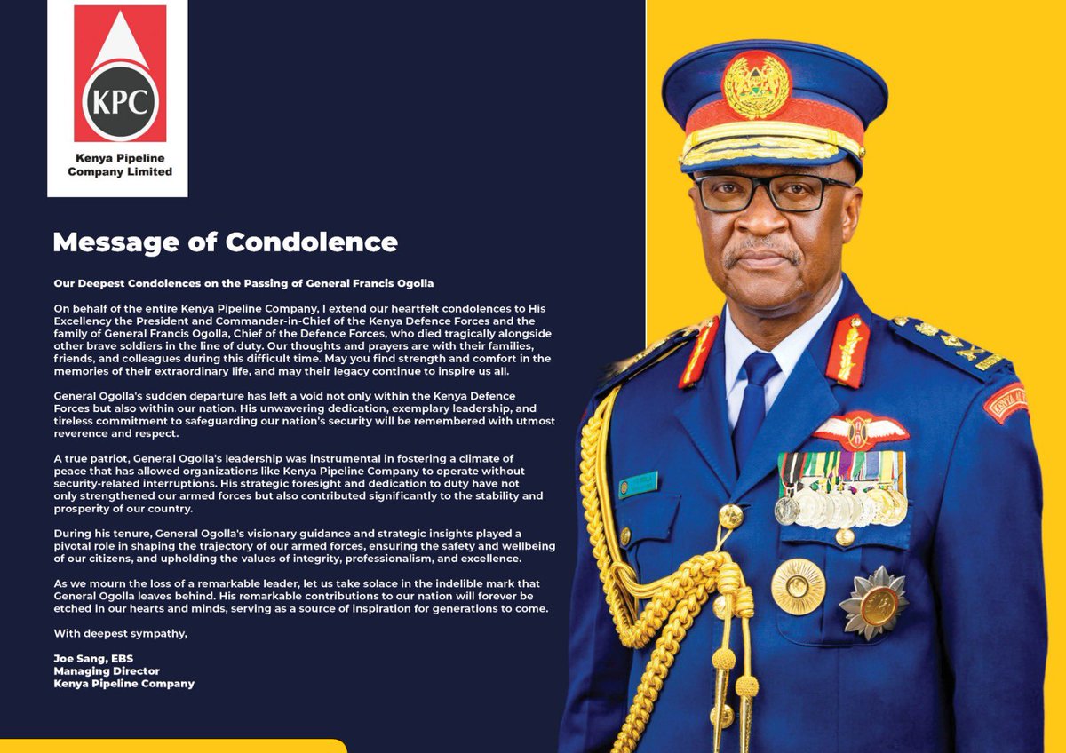 Message of Condolence. Our deepest condolences on the passing of General Francis Ogolla.