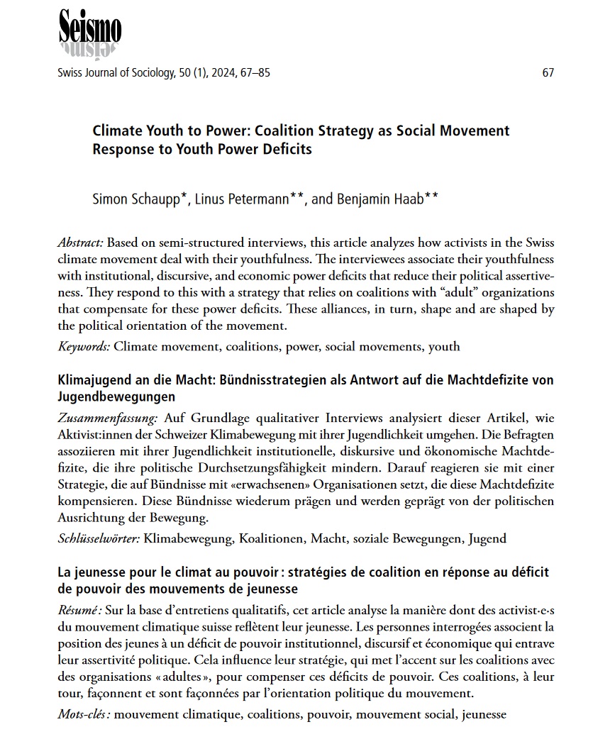 More than 1,5 years (!) after acceptance by the journal, our article 'Climate Youth to Power' is finally published. On the role of youth as a political category in coalitions of the climate movement with trade unions etc. Open Access: seismoverlag.ch/site/assets/fi…