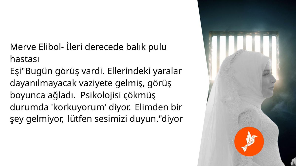 Merve Elibol'un eşi: 'Eşimin ileride derecede balık pulu hastalığı var. Hastalığı sebebiyle elinde olusam yaralardan dolayi kendi kıyafetlerini yıkayamıyor. Yargıtay cezasını bozduğu halde tahliye edilmiyor.' @yilmaztunc MerveElibol TahliyeOlsun Cumhurbaşkanı Erdoğan