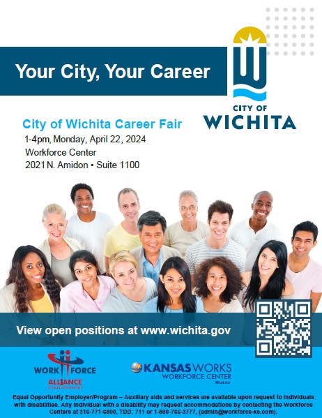 We're hosting a career fair from 1- 4 p.m. on Monday, April 22 at the Workforce Alliance, 2021 N. Amidon, Suite 1100. We have 293 open positions, including multiple seasonal opportunities. To learn more and apply for a job, please visit wichita.gov/jobs.