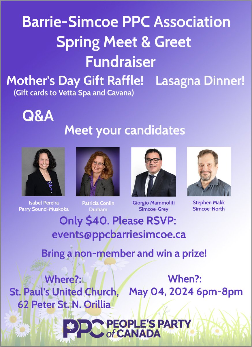 The Barrie-Simcoe PPC Association Spring Meet & Greet Fundraiser is soon! Enjoy the Mother's Day Gift Raffle and a Lasagna Dinner, and meet your populist candidates! Bring a non-member for a prize! St. Paul's United Church, 62 Peter St. N. Orillia May 4th, 2024 from 6-8 PM