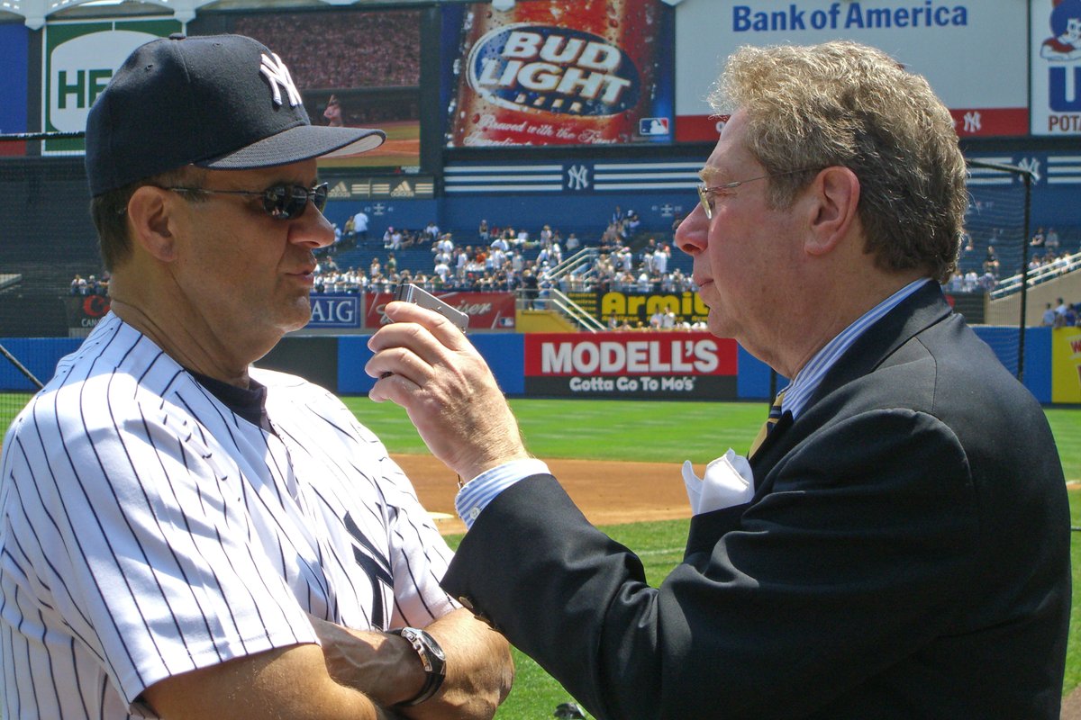 The great John Sterling interviewing the great Joe Torre pre-game manager's show at Yankee Stadium, 2006. When I gave a print of this photo to John, he cracked, 'Shows off my patrician nose.' Congratulations, John, on a Hall of Fame career. And for always being a mensch!