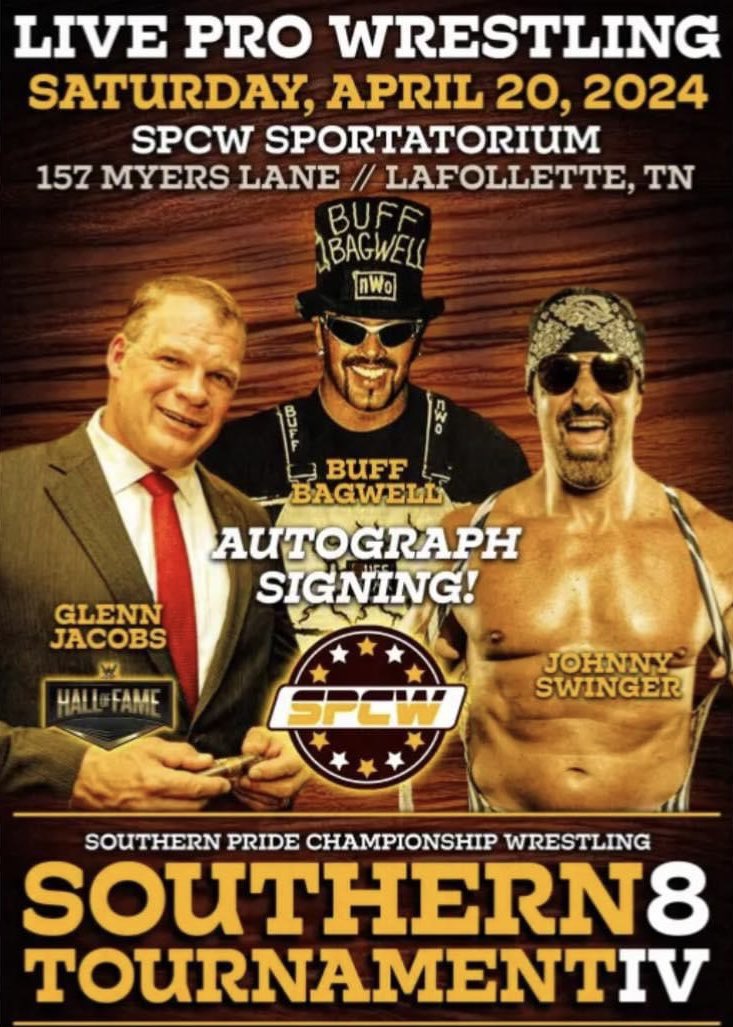 I’m headed to LaFollette #Tennessee to be part of the Southern Pride Championship Wrestling event! Meet me and other stars of wrestling’s past, present, and future today at the SPCW Sportatorium!