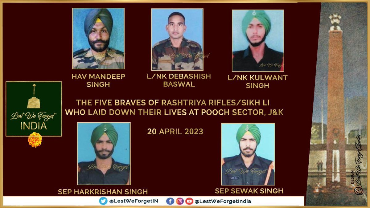 #LestWeForgetIndia🇮🇳 Hav Mandeep Singh, L/Nk Debashish Baswal, L/Nk Kulwant Singh, Sep Harkrishan Singh & Sep Sewak Singh laid down their lives in the line of duty at Poonch Sec, J&K #OnThisDay 20 April in 2023 Remember the #IndianBraves their service & supreme sacrifice for