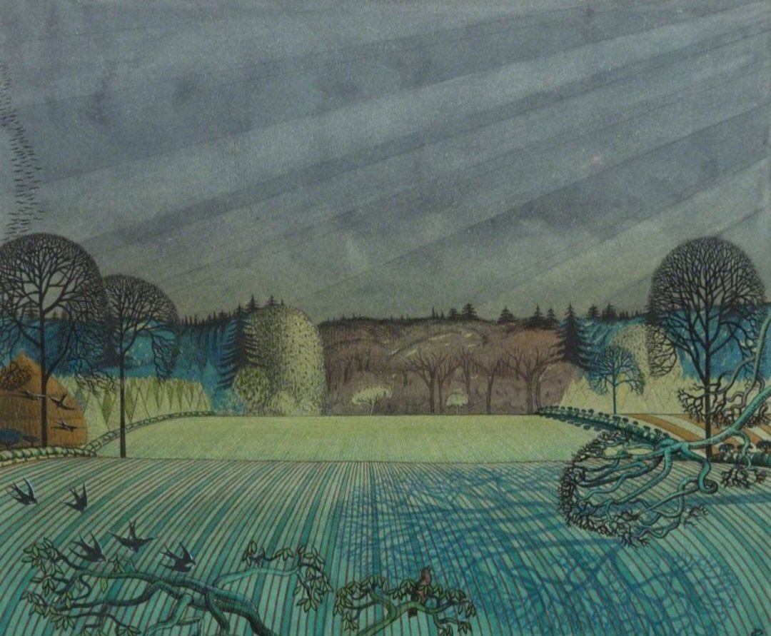 Like his friend Paul Nash who he met at the Slade, Claughton Pellew had been drawn to trees; they held a spiritual quality for him. The tranquillity in this work from 1925, most likely of Southrepps in North Norfolk, is heightened by the inclusion of birds, which, like Nash, he