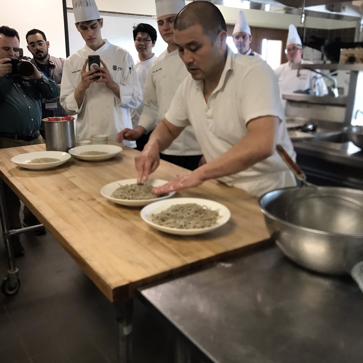 Yesterday I had the privilege of watching a Japanese buckwheat farmer (he doesn’t want to be called a chef) make his specialty, soba. The finished noodle was flavorful and wonderfully chewy – so different than anything in the supermarket.
