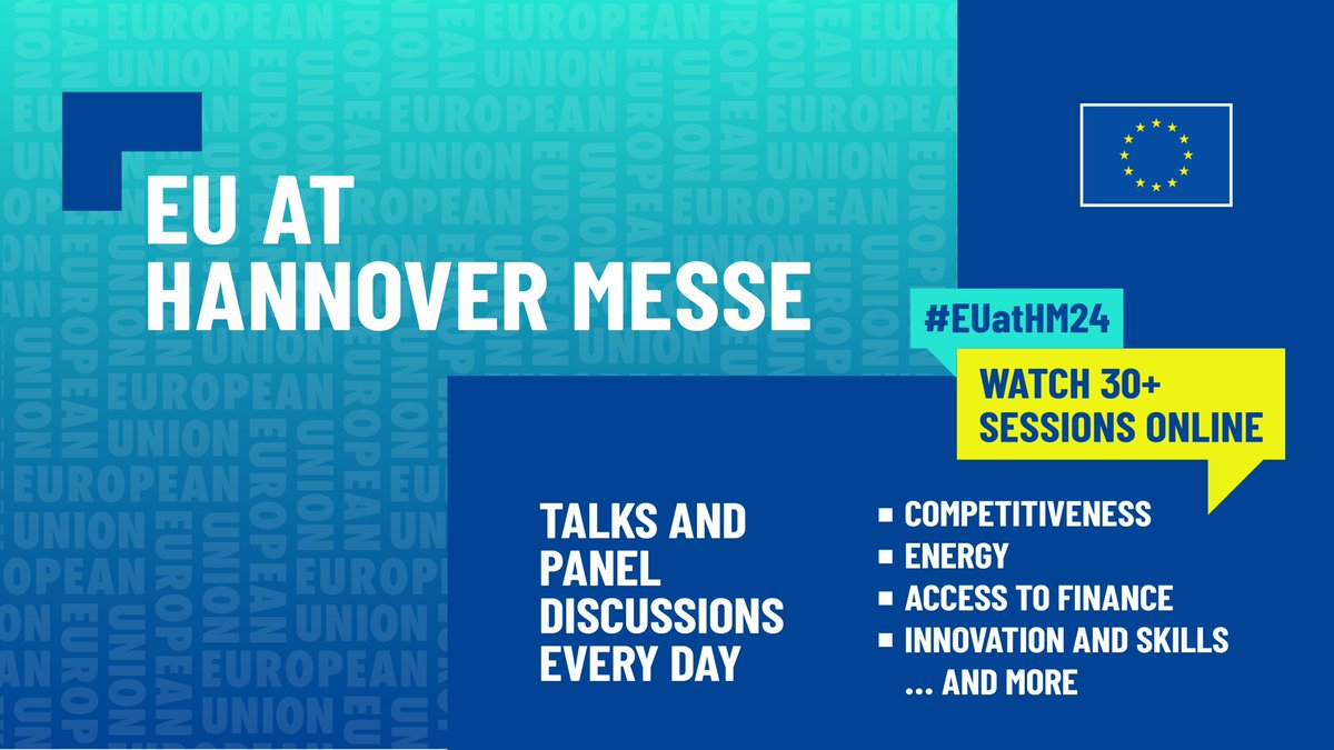 We're kicking off at 🇩🇪 <a href="/hannover_messe/">HANNOVER MESSE</a>! 🚀 
Today's topic: Investing in #EUindustry.

Join our live stream for talks, panels, matchmaking and a High-Level Conference.

Morning sessions ➡️ X broadcast
All streams ➡️ our webpage!

👨‍💻 Livestream👉 europa.eu/!XcHJ8f
#EUatHM24
