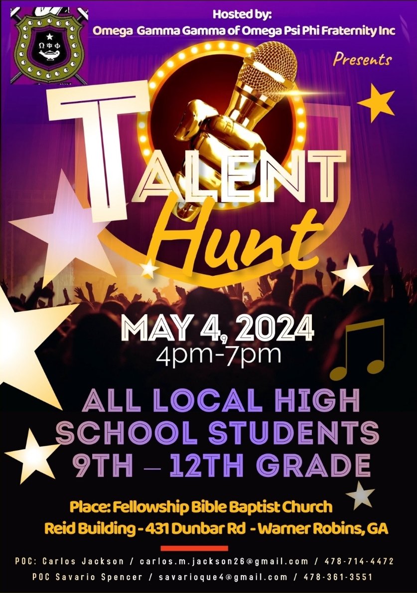 Join the Omega Gamma Gamma Chapter [IG: @qggques ] for their Talent Hunt Program on May 4th at the Fellowship Bible Baptist Church in Warner Robbins, GA on May 4th. #FIETTS #omegapsiphifraternityinc #qggques #talenthunt #mandatedprograms