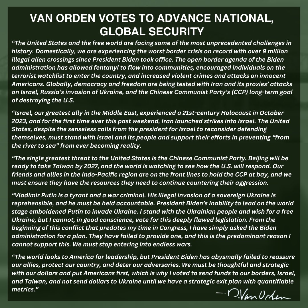 Read Rep. Derrick Van Orden’s statement on today’s foreign aid and national security bills: