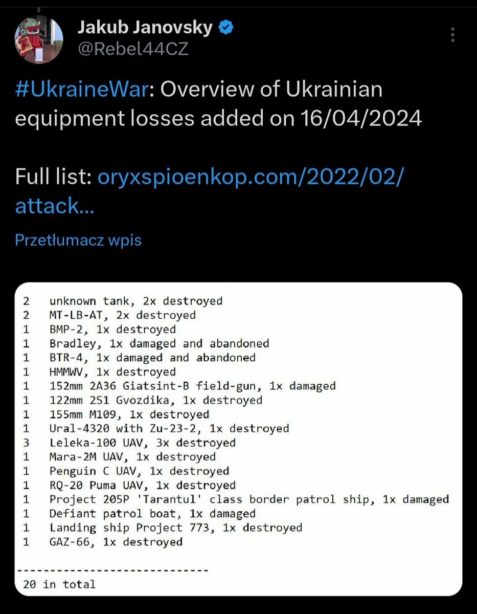 Last update of losses according to @Rebel44CZ from 17.04. until 20.04.24, losses 🇷🇺 69 pcs., losses 🇺🇦 20 pcs. #UkraineRussianWar #UkraineWar #wojnanaukrainie #Ukraine️ #Russia #wojnawukrainie