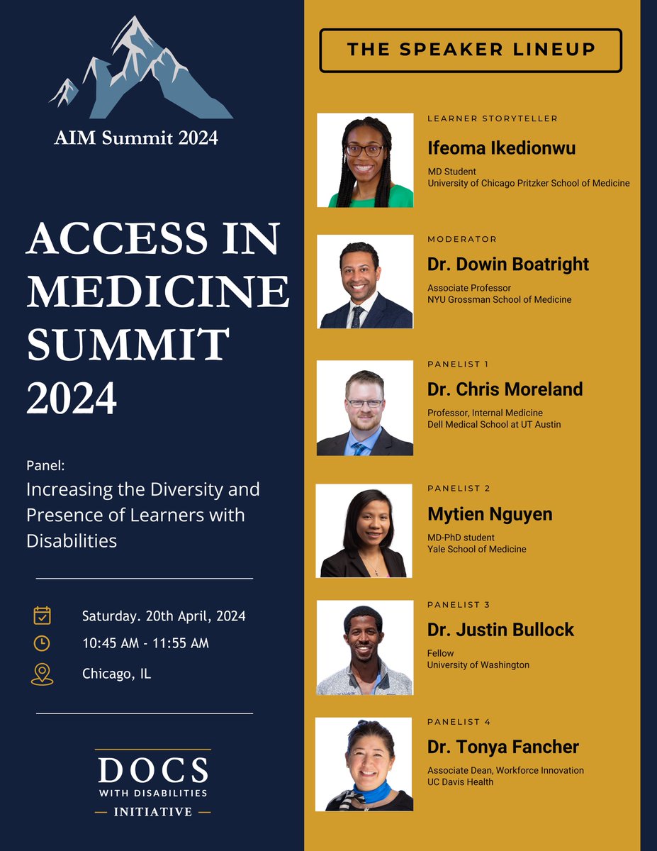 The #AccessInMedicine Summit is amazing! Our 2nd panel was full of stimulating conversation and serious reflection about the intersection of disability and diversity. ❤️ Thank you to @DowinHugh @cjmoreland @MytienTNguyen @jbullockruns @tonyafancher and Ifeoma Ikedionwu. 👏