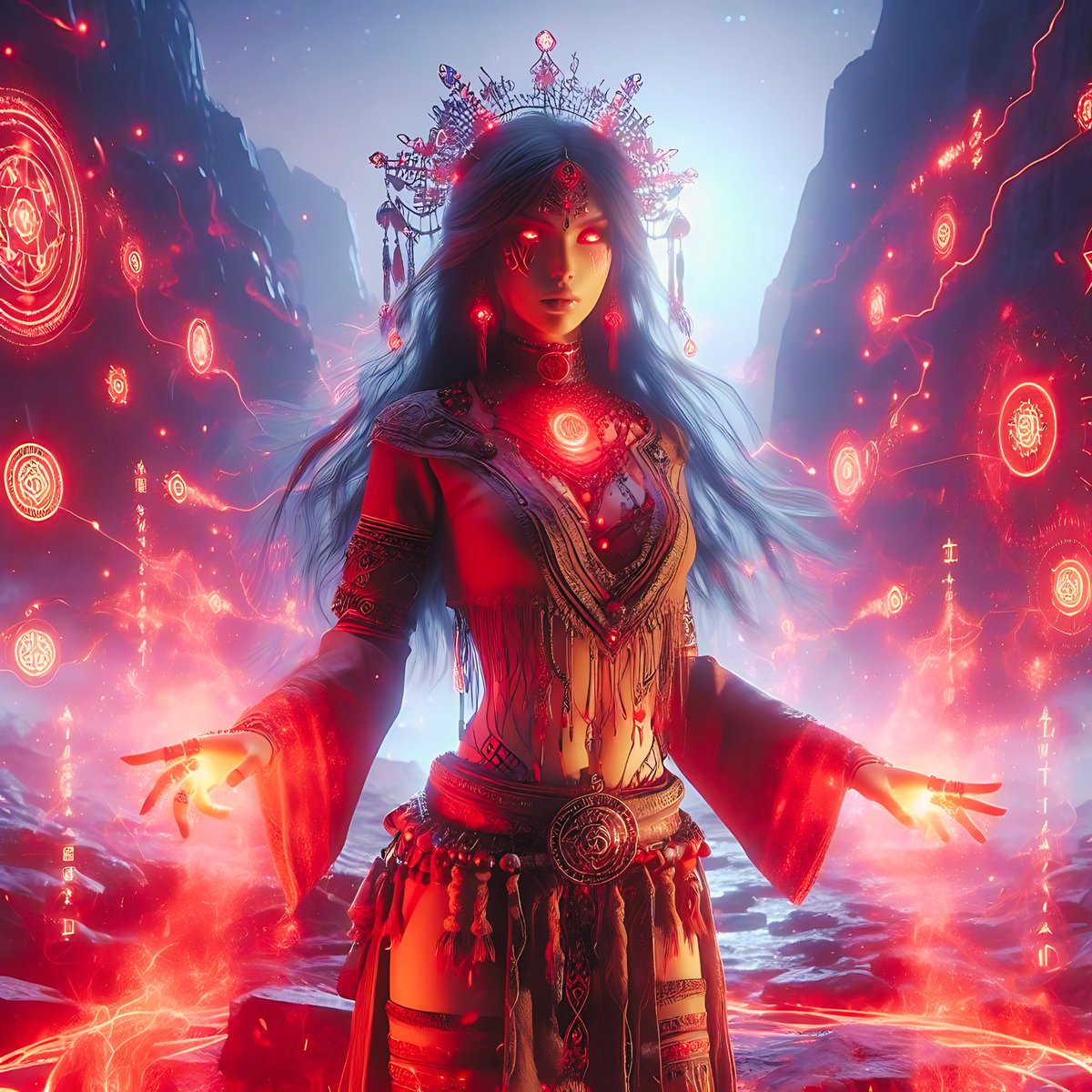 aiartad's tweet image. 🔮 Channeling ancient spirits atop mountain peaks, weaving magic with tribal grace. ✨ Embracing the darkness to find the light within. #WitchyWisdom #DarkMagic #AIart #AIgirl #AIグラビア #BlueArchive #AIArtwork