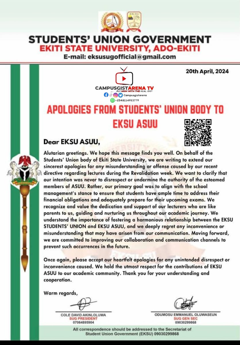 Apologies from students unions body to EKSU ASUU #eksu #campusgistarena
