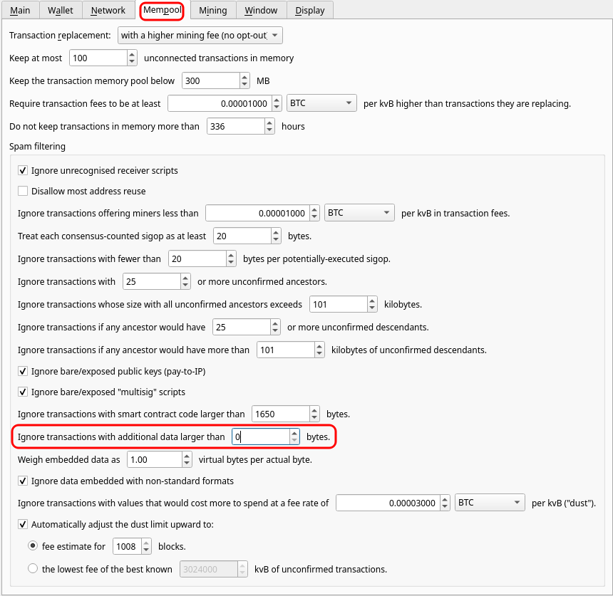 LukeDashjr's tweet photo. PSA: To filter Runes spam using either @BitcoinKnots or #Bitcoin Core, the only approach right now is to set datacarriersize=0 in your bitcoin.conf file (or the equivalent GUI option in Knots only) https://t.co/MXFHM7Zeq3