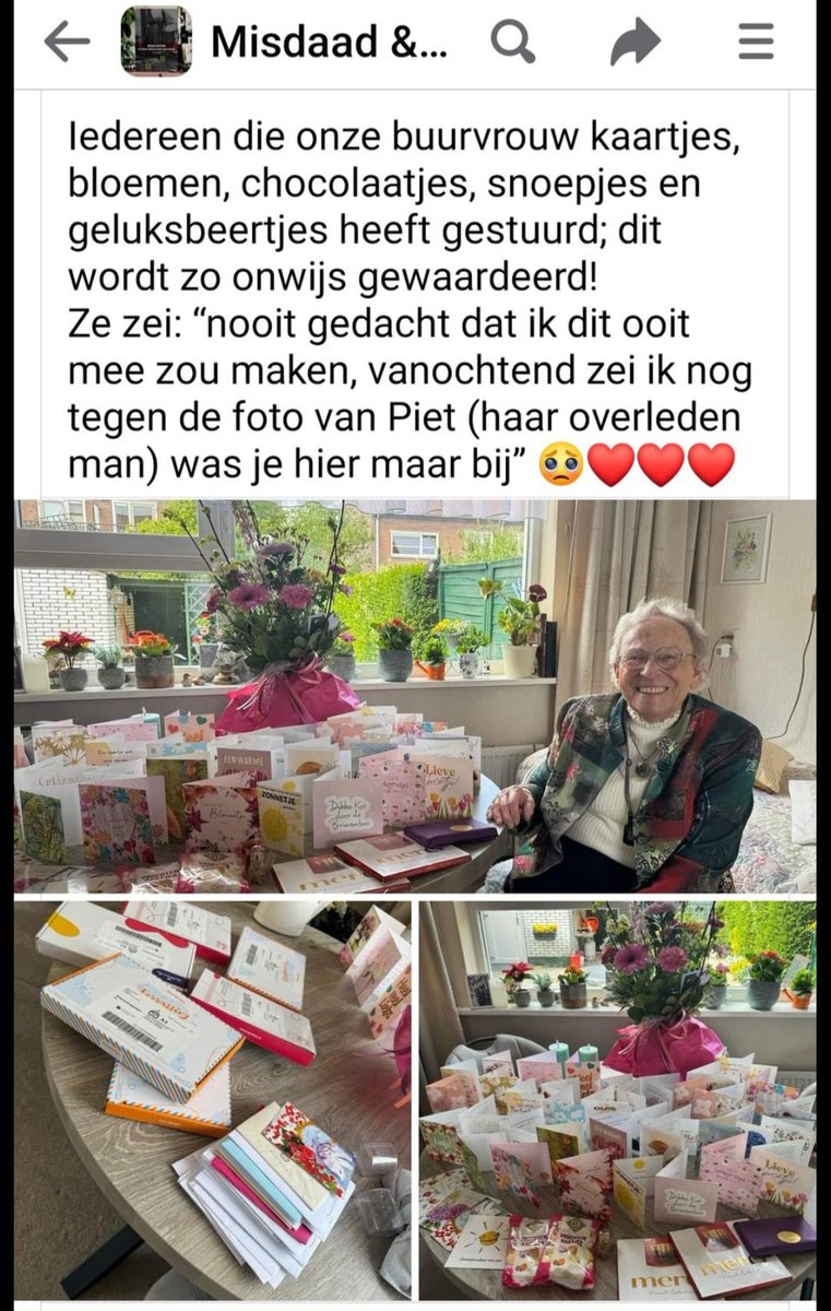 Update met betrekking tot de 84 jarige mooie dame uit Leiden die die rotbrief ontving waarin stond dat ze haar huis zou moeten verlaten:

   uw brieven, kaartjes, chocolade en bloemen zijn aangekomen zo te zien. Althans de eerste golf :-)

Liefde overwint haat. Twitter is goud!