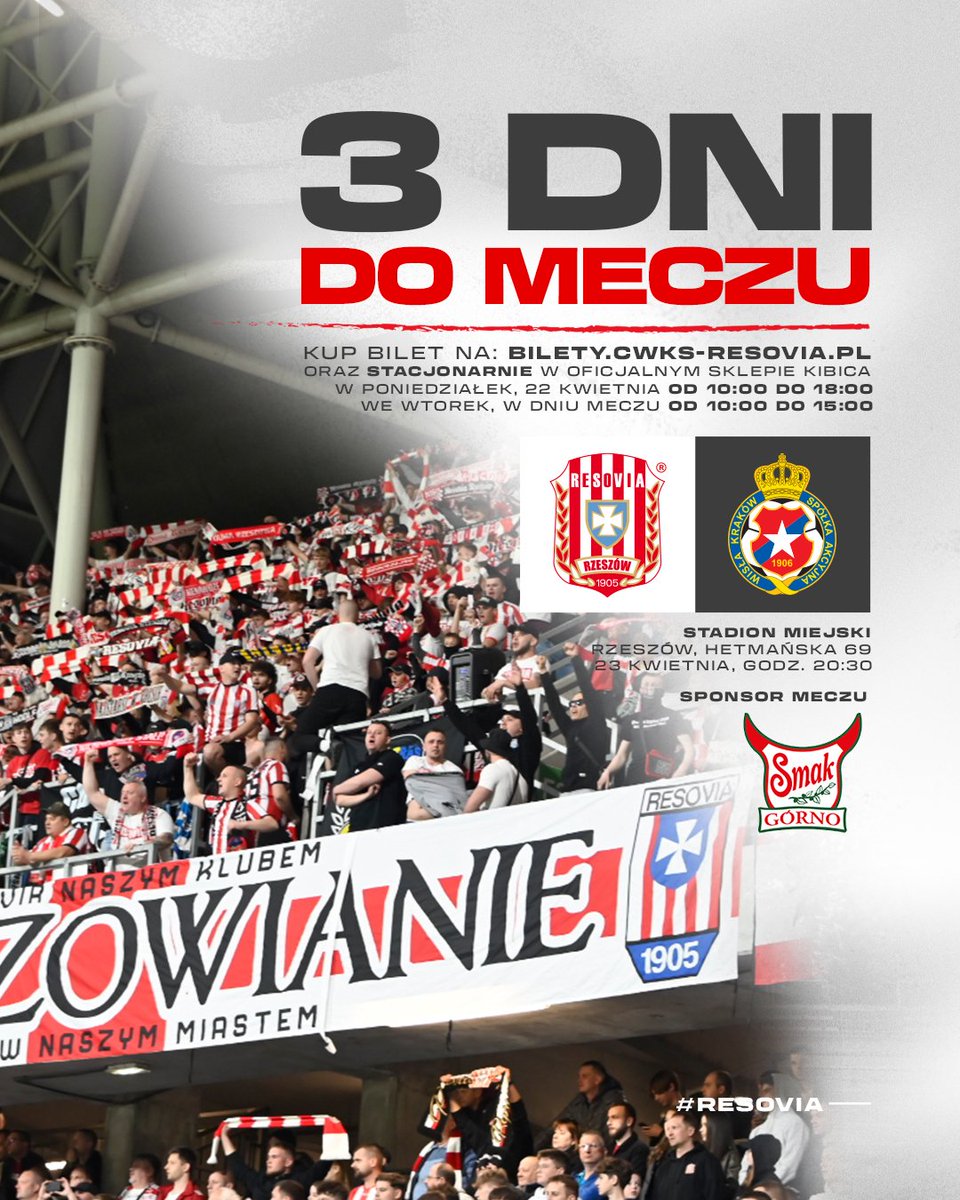 3 dni do meczu z @WislaKrakowSA 🔥 Widzimy się #NaStadionie 🫵 Kup tańszy bilet w przedsprzedaży: 🎟️ bilety.cwks-resovia.pl @_1liga_ @BukalaPawel @smsrzeszow @ResoviaKobieca @sspsresovia @miasto_rzeszow @GoPodkarpackie