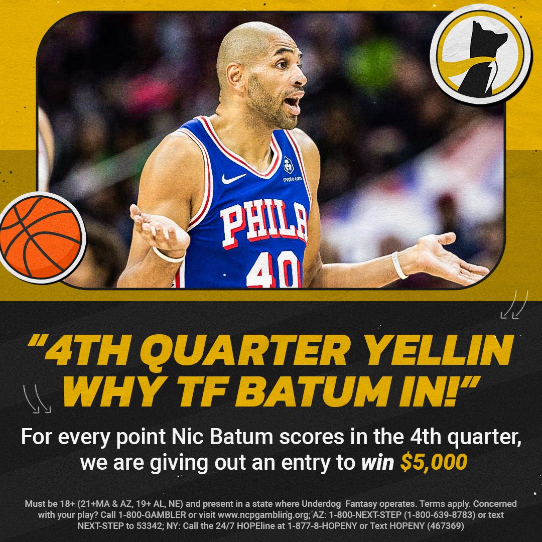 🗣️ 4th Quarter yellin 'Why the f*ck Batum in?' For every point Nic Batum scores in the 4th Quarter tonight, one person who retweets this and replies with their Underdog username and #UnderdogPicks will be selected for an entry to win $5,000 💰