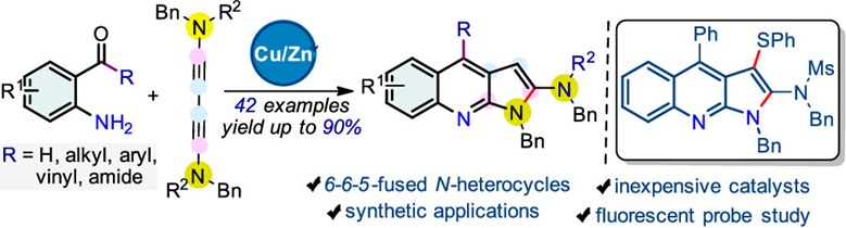 Just out in #JOrgChem from @nayan_group, a one-pot desulfonylative protocol enabled by copper(II)/zinc(II) salts to access pyrrolo[2,3-b]quinolines is disclosed, with potential use as fluorescent probes in imaging live cells pubs.acs.org/doi/10.1021/ac… @gayyur_, @i_amm_shivani