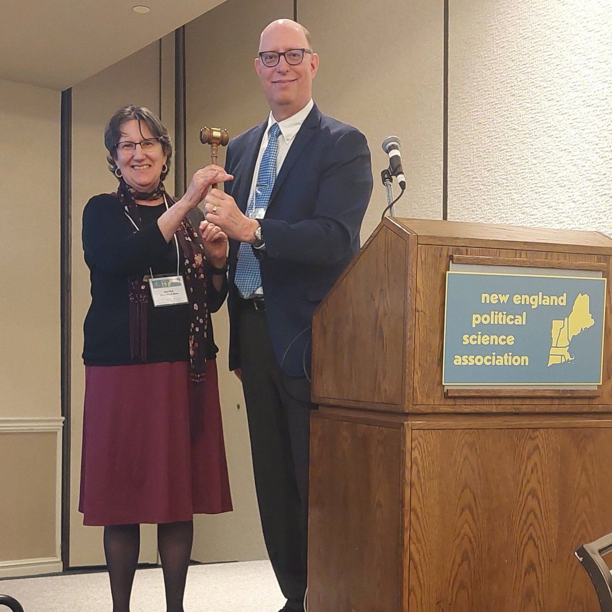 Our outgoing President, <a href="/DrScottMclean/">Scott Mclean</a> of <a href="/QuinnipiacU/">Quinnipiac University</a> hands over the gavel to our incoming President, @ASFried of <a href="/UMaine/">University of Maine</a> <a href="/UMainePoliSci/">UMainePoliSci</a>