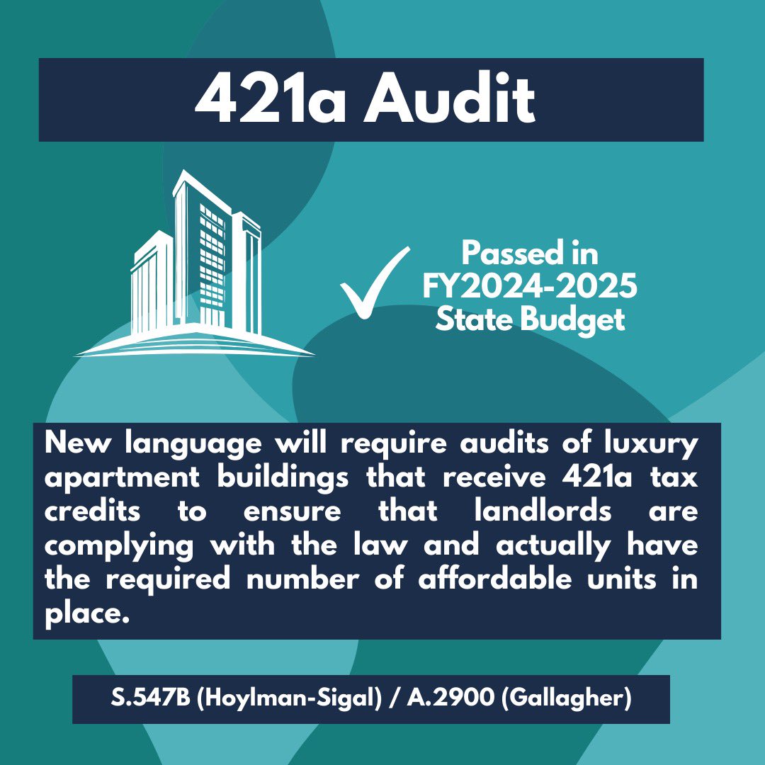 🚨🚨We just passed new language in the budget to require audits of luxury apartment buildings that receive 421a tax credits to ensure that landlords are complying with the law. No longer can landlords get away with claiming they have affordable units that they actually don’t!