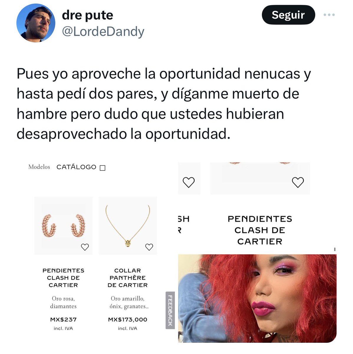 notimomentum's tweet photo. Joven mexicano compra piezas Cartier por $237.00 MXN 

Un joven mexicano descubrió una falla en el precio de unos pendientes de marca Cartier, los cuales originalmente se valuaban en $237,000.00 MXN y se etiquetaron en tienda en línea en tan solo $237.00 MXN 

Cartier al darse cuenta de este error intentó reembolsar el pago y enviar un presente al cliente, sin embargo el cliente no está dispuesto a aceptar tal oferta y ya interpuso su demanda ante la PROFECO. 

El proceso sigue en curso y ante la negativa de desistir del proceso del cliente, este ha recibido llamadas incluso amenazantes por parte de los embajadores de Cartier.