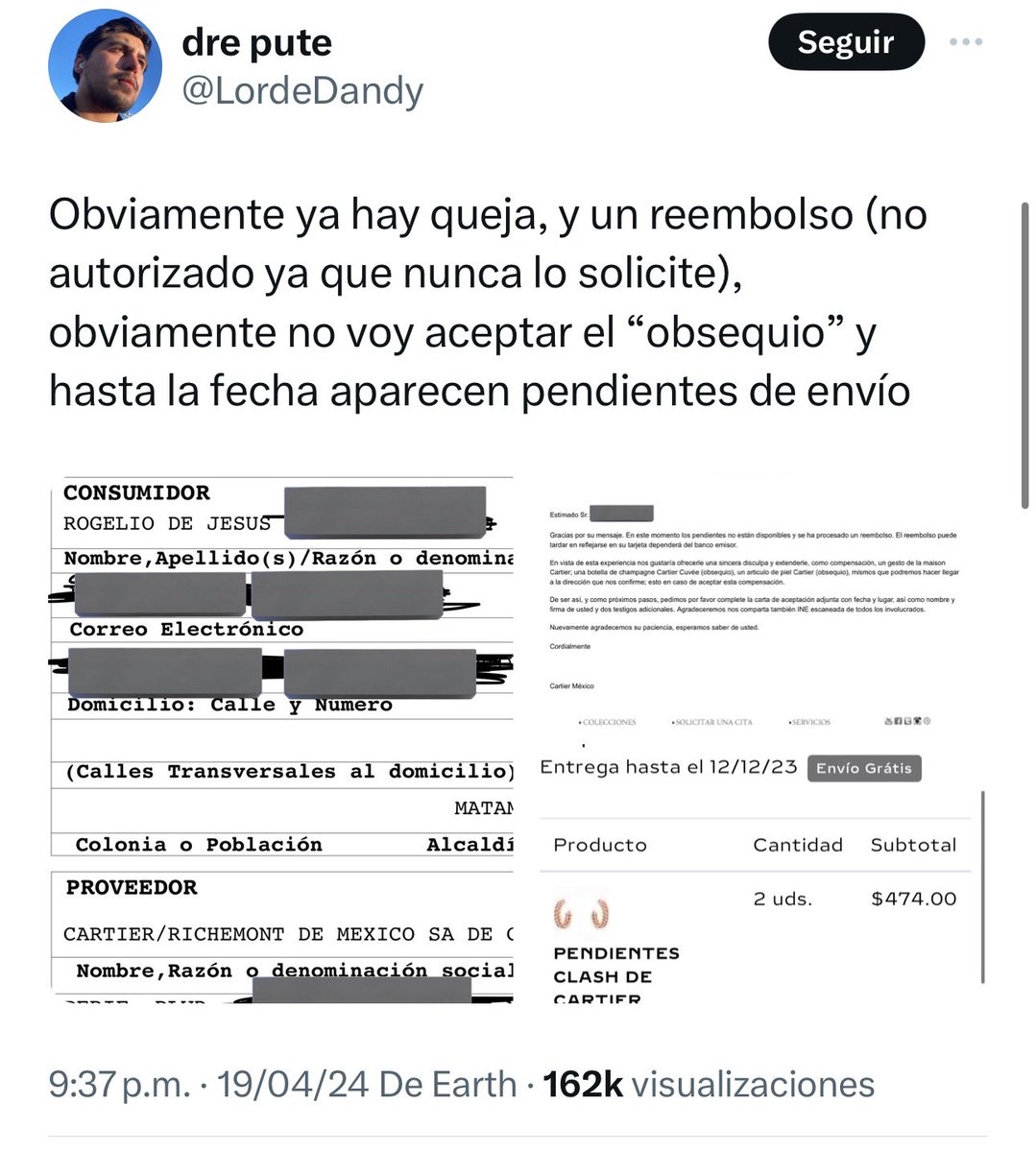 notimomentum's tweet photo. Joven mexicano compra piezas Cartier por $237.00 MXN 

Un joven mexicano descubrió una falla en el precio de unos pendientes de marca Cartier, los cuales originalmente se valuaban en $237,000.00 MXN y se etiquetaron en tienda en línea en tan solo $237.00 MXN 

Cartier al darse cuenta de este error intentó reembolsar el pago y enviar un presente al cliente, sin embargo el cliente no está dispuesto a aceptar tal oferta y ya interpuso su demanda ante la PROFECO. 

El proceso sigue en curso y ante la negativa de desistir del proceso del cliente, este ha recibido llamadas incluso amenazantes por parte de los embajadores de Cartier.