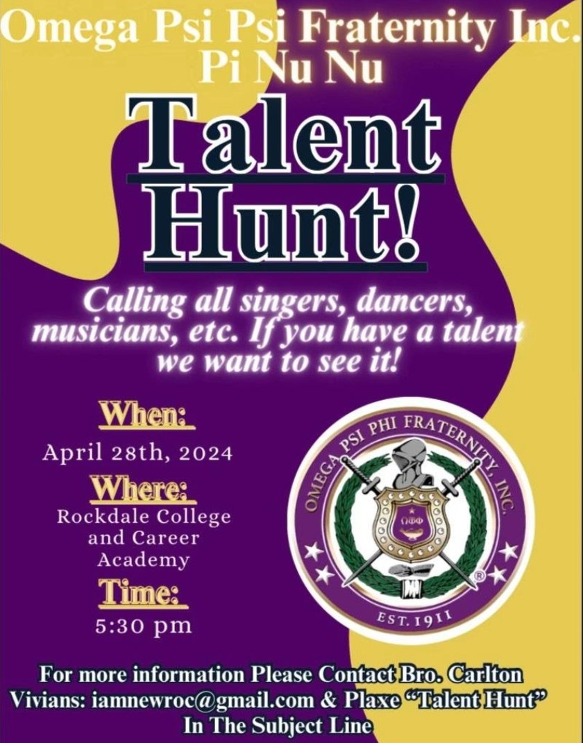 Join the Pi Nu Nu Chapter for their Talent Hunt Program on April 28th at the Rockdale College and Career Academy on Sunday - April 28th! #FIETTS #omegapsiphifraternityinc #newrocques #pinunuques #pinunu