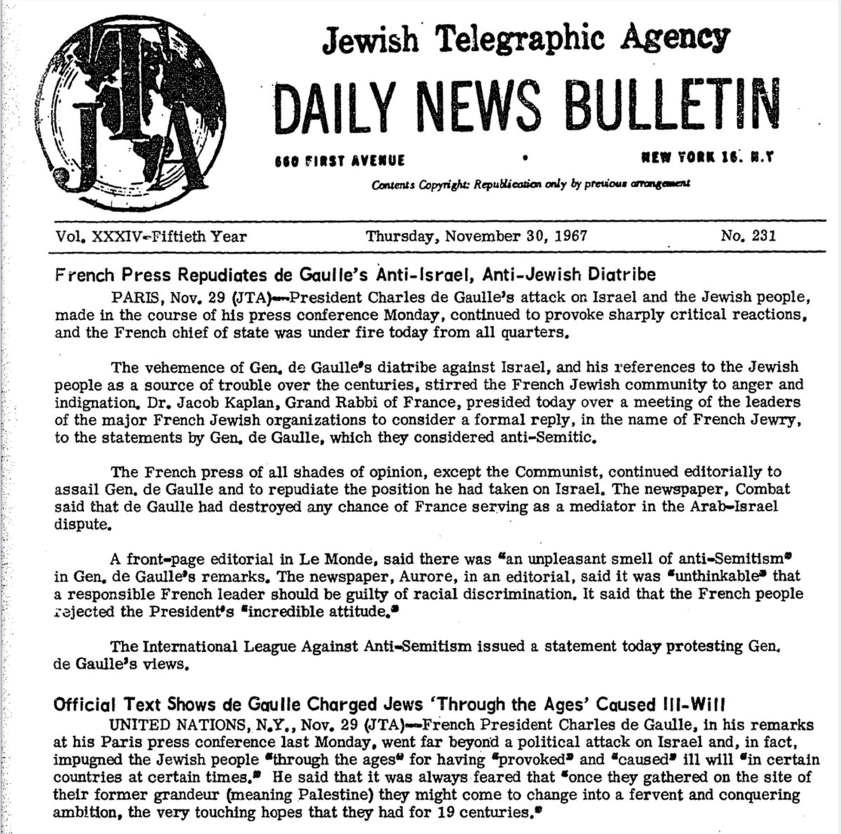 @MikeBenzCyber Perhaps in 1968 what drew the CIA’s deadly ire wasn’t DeGaulle’s ardent opposition to the Vietnam war or stationing of US servicemen, but his “Anti-Israel, Anti-Jewish diatribe”.
pdfs.jta.org/1967/1967-11-3…