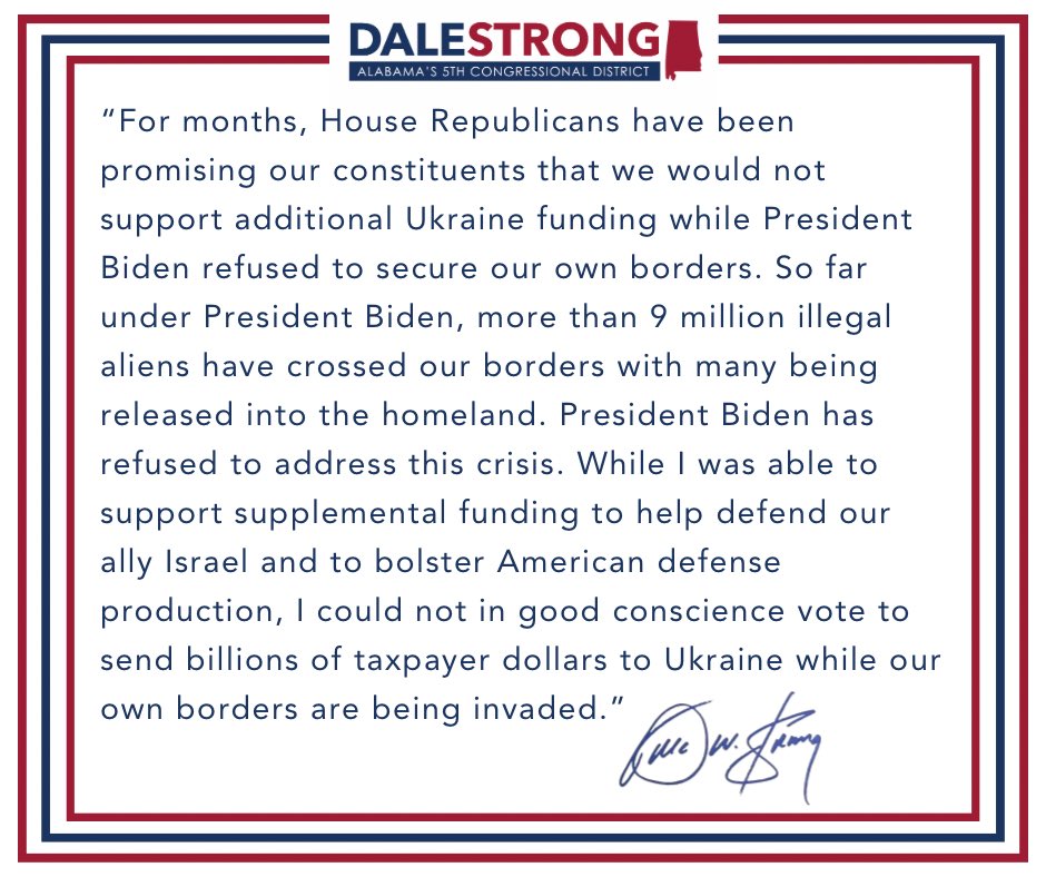 I could not in good conscience vote to send billions of taxpayer dollars to Ukraine while our own borders are being invaded. ⬇️Full statement ⬇️