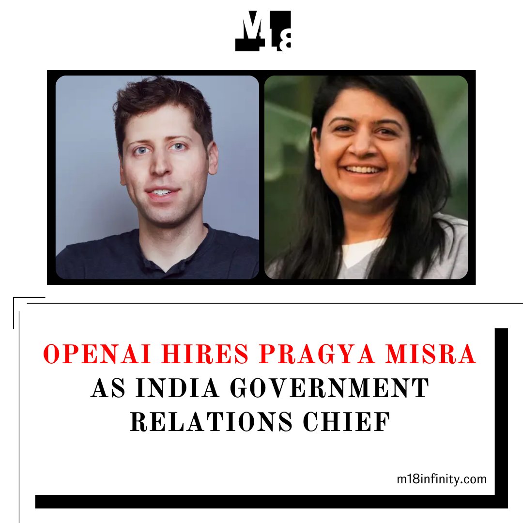 OpenAI renowned for its cutting-edge language model ChatGPT has made a strategic move by appointing Pragya Misra as the head of government relations in India.

Read more: linkedin.com/feed/update/ur…
@pragyamisra @sama @OpenAI @ChatGPTapp

#AI #samaltman #PragyaMisra #m18infinity
