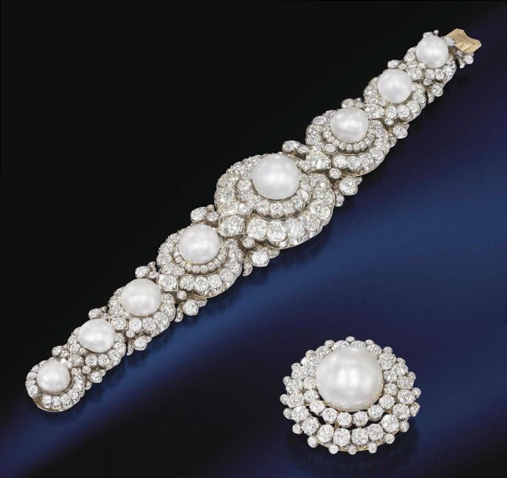 Broche y brazalate de diamantes y perlas, circa 1878